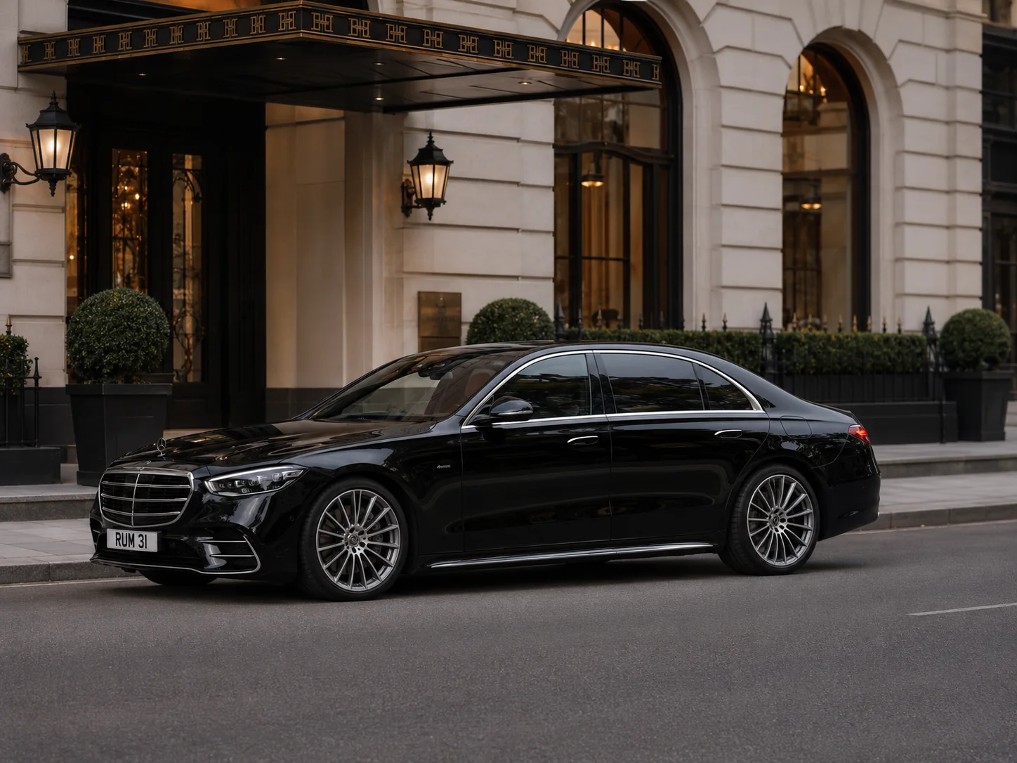 Black Mercedes-Benz S-Class from the Rumiancev Drive chauffeur fleet in London
