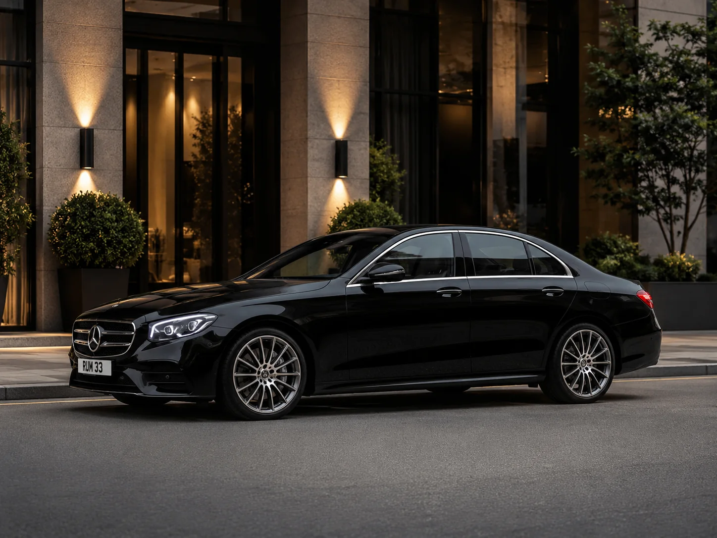 Black Mercedes-Benz E-Class from the Rumiancev Drive chauffeur fleet in London