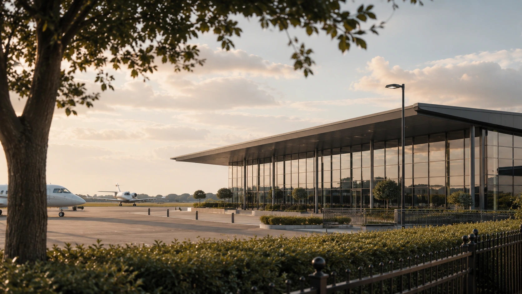 Executive FBO terminal at sunset for Signature Aviation London Luton transfers