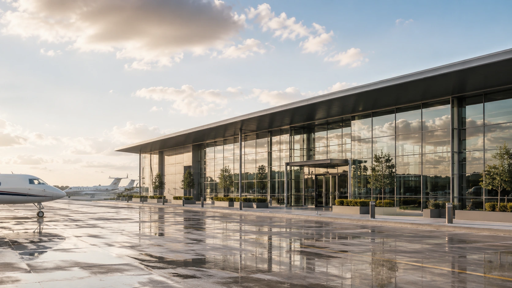 Private aviation terminal reflected on the tarmac for Harrods Aviation chauffeur transfers