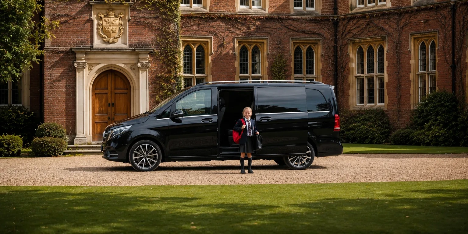 Young school passenger beside a chauffeur-driven Mercedes-Benz V-Class
